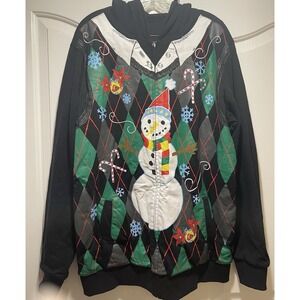 Quiksilver Mens Black Ugly Christmas Sweater Reversible Hoodie XL Snowman Argyle
